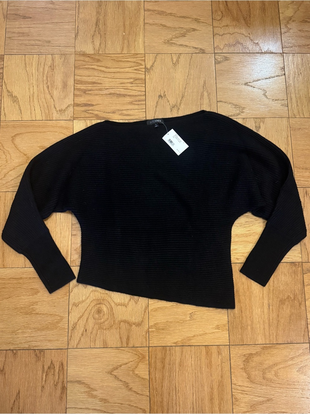 NWT Intermix Jacqueline Off the Shoulder Ribbed Knit Asymmetrical Sweater